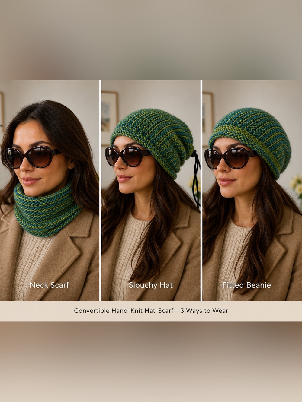 Convertible Hand-Knit Green and Blue hat-scarf.